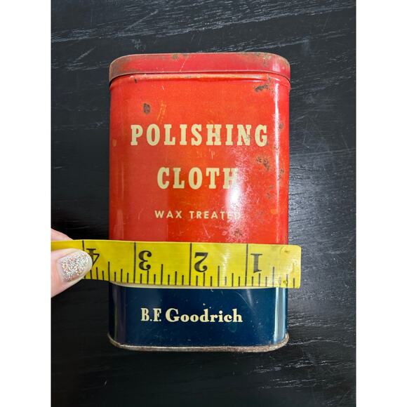 Vtg Decor- Polishing Cloth- Red Tin- with lid and cloth- some wear- BF Goodrich - Picture 5 of 6